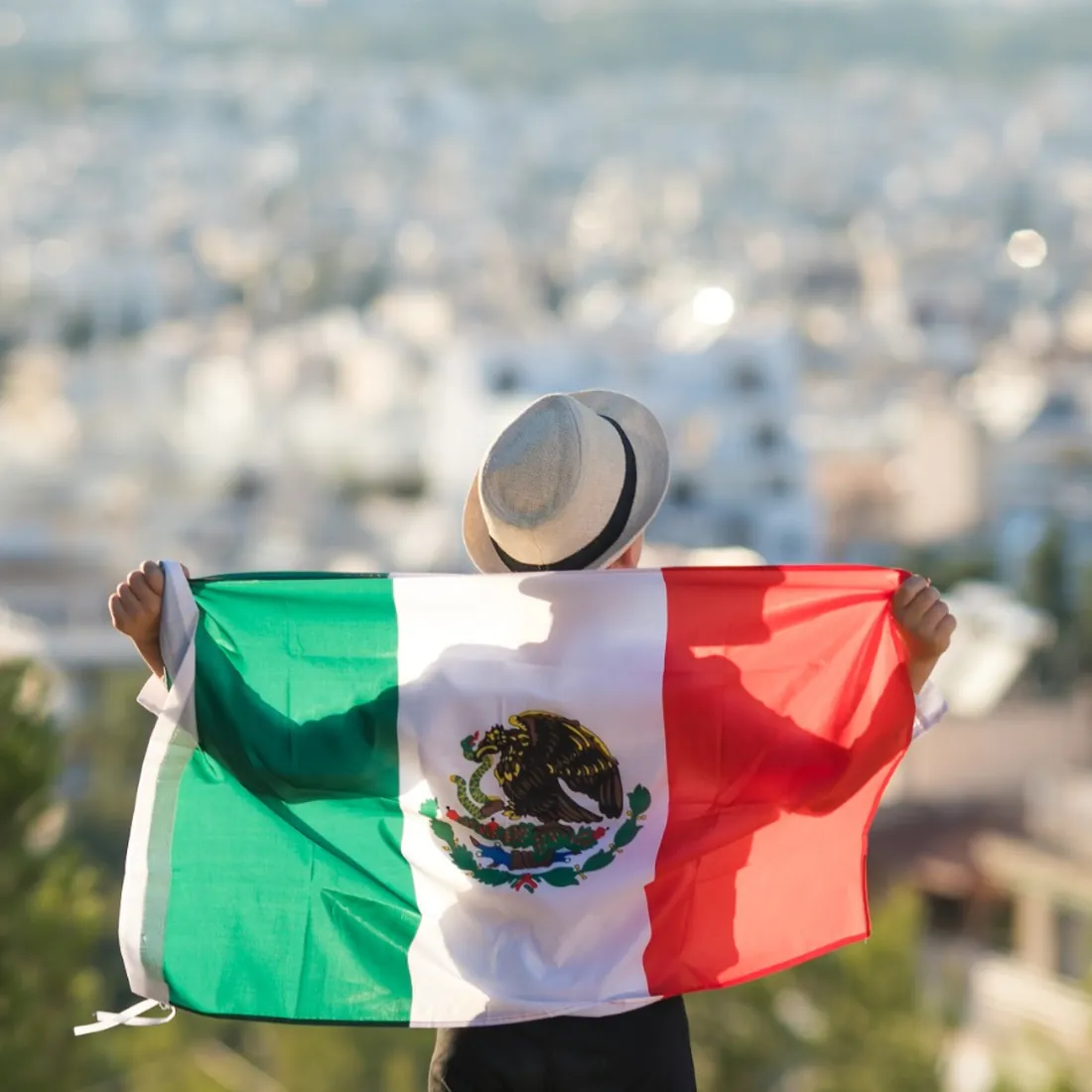 Persona de espaldas sosteniendo la bandera de México frente a una ciudad